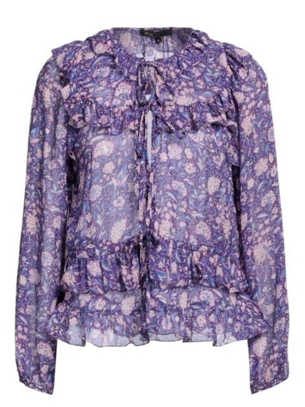 Maje Purple Dahlia Floral Ruffle Tie Front Boho Blouse Size 2 / Medium